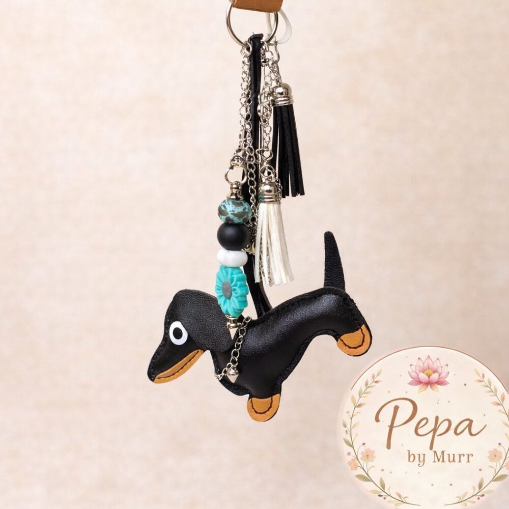 Dachshund Keychain – Turquoise Beads, Tassels & Flower Charm